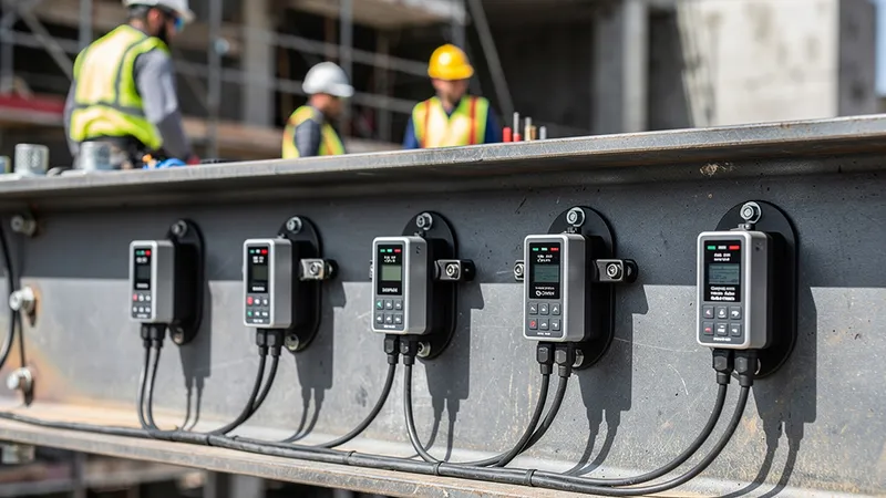 Monitoring sensors mounted on a steel beam at a construction site